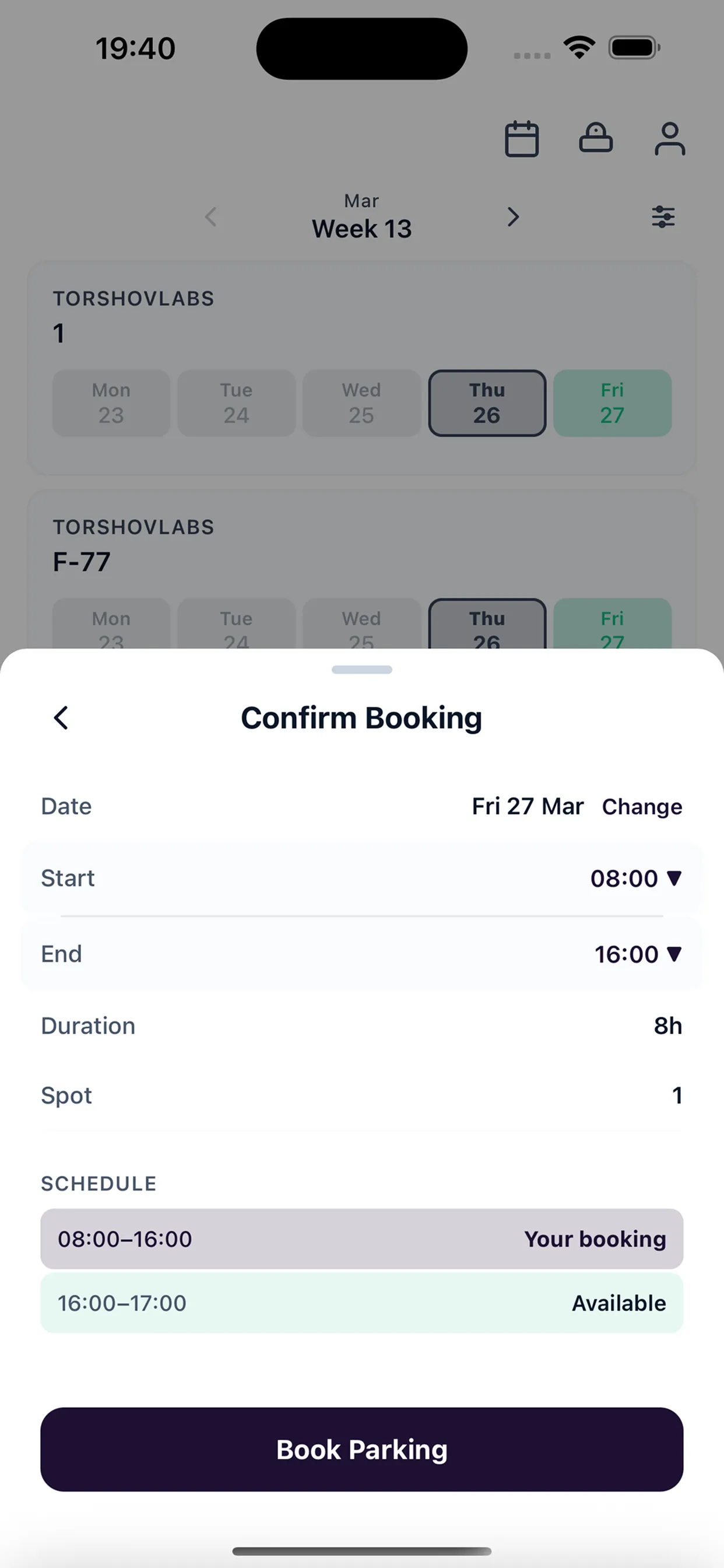 OurPark-appen viser bekreftelse av en parkeringsbooking