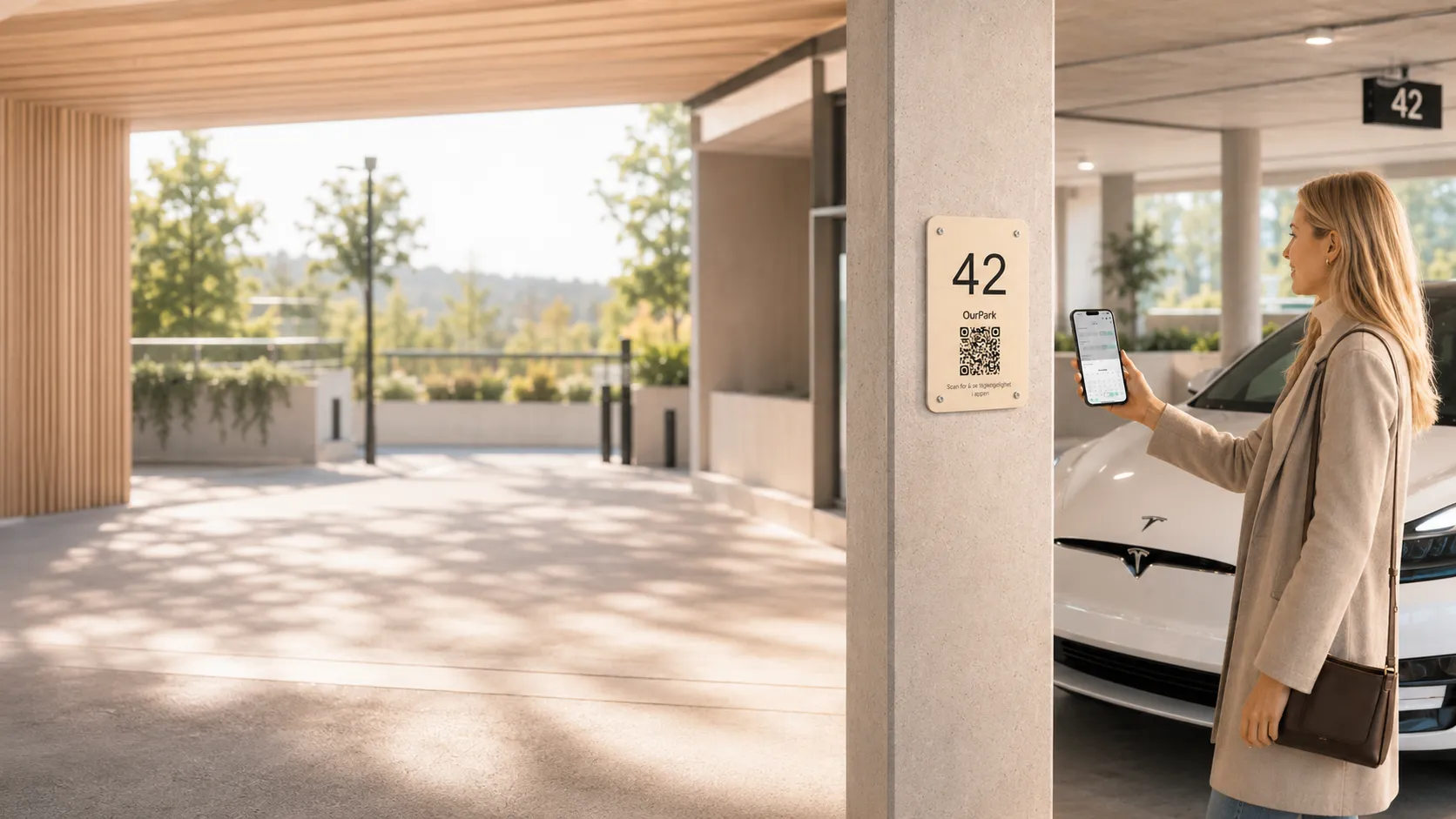 En person skanner et OurPark QR-skilt på en parkeringsplass med appen