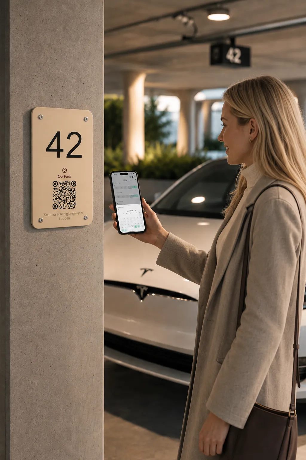 En person skanner et OurPark QR-skilt på en nummerert parkeringsplass med appen